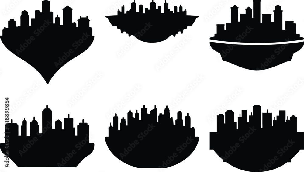 Poster silhouette cityscapes on floating land forms with differing shapes and sizes