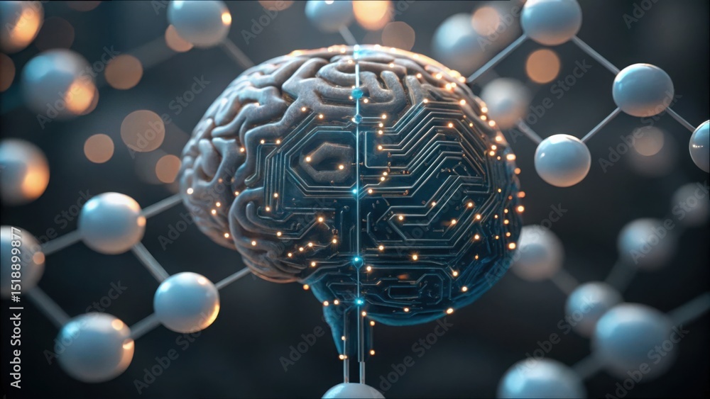 Poster ai brain with chemical molecules and circuitry visualization