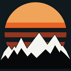 Minimalist mountain landscape illustration with sunset over peaks and retro colors