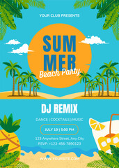Summer party template poster. Beach party celebration. Sun, palm, coconut tree. Summer design vector illustration background, invitation, banner, flyer.