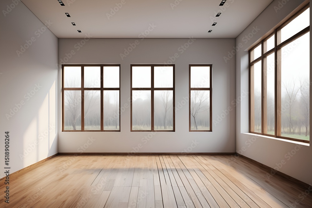 Poster serene empty room with hardwood floors and multiple windows overlooking a misty, bare forest view.