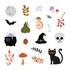 Halloween icon set. Set of autumn, festive elements. Pumpkins, cats, ghosts, leaves, potion.