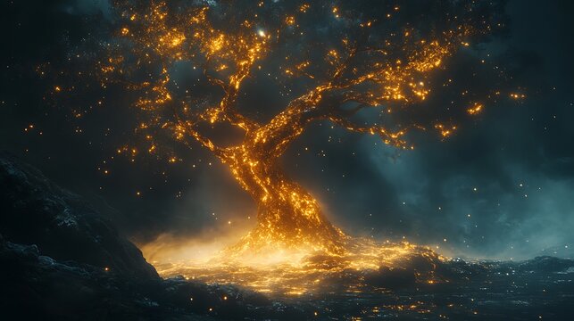 Radiant Tree of Light Amidst Mystical Shores and Starry Skies at Twilight - Powered by Adobe