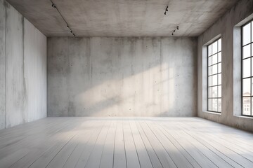 Sunlit empty room features concrete walls, white wood floors, and large windows for bright light.