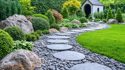 Serene garden pathway with stepping stones and lush greenery surrounding a small wooden shed in a beautiful landscaped outdoor space du daytime