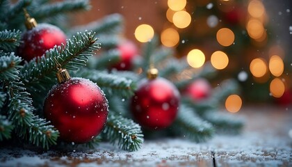 Fototapeta premium Red Christmas Ornaments on Snowy Branch