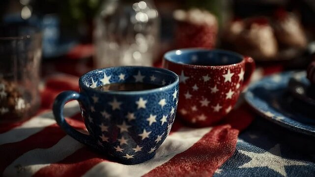 Stars stripes coffee cups festive table setting american holiday