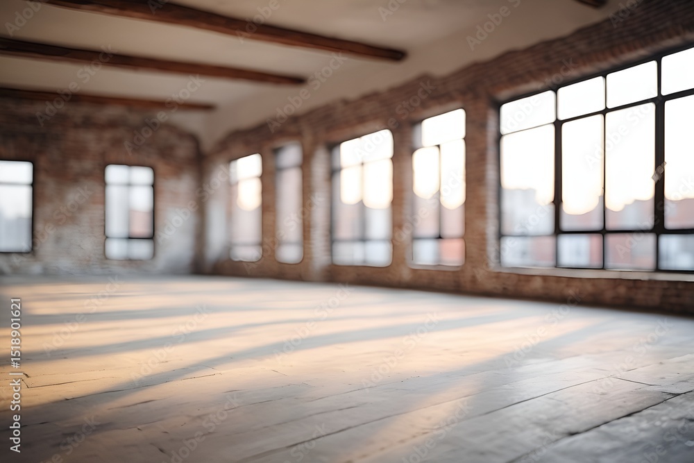 Poster sunlight streams into an empty loft with rustic brick walls and large windows, creating shadows.