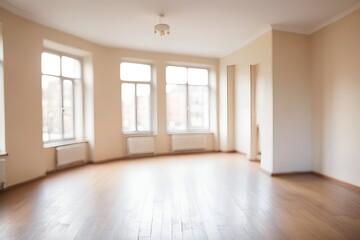 Fototapeta premium Bright and airy empty room showcases natural light and hardwood flooring, promoting calm serenity.