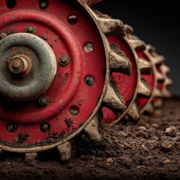 Close-Up View of Agricultural Equipment Wheel on Soil with Textured Surface