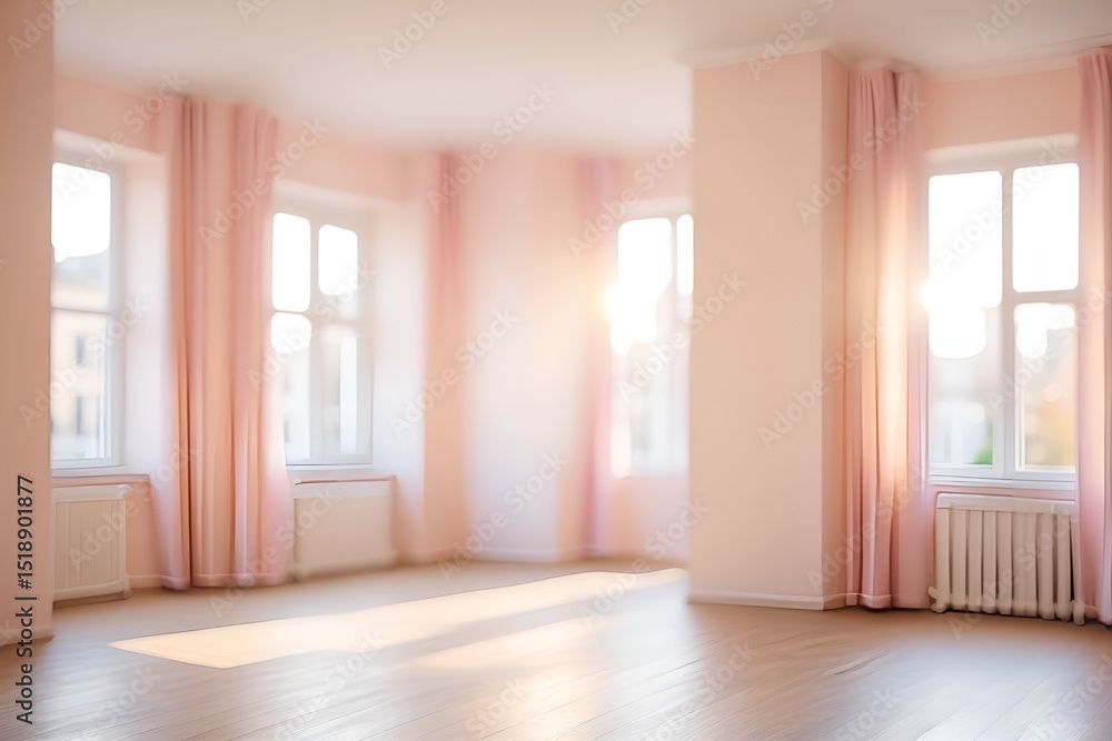Poster sunlight streams into a pale pink room with three windows and hardwood floors creating a soft glow.