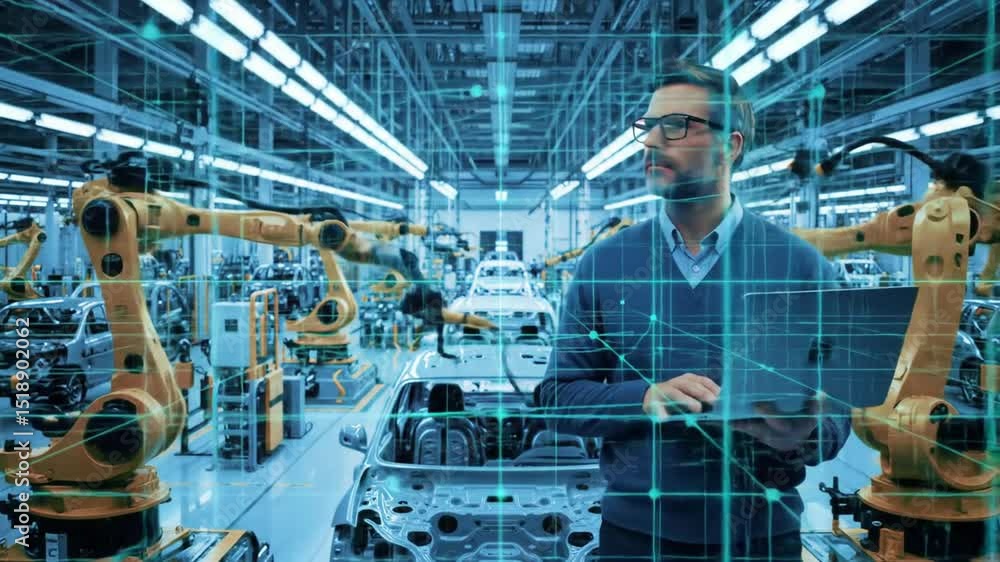 Aufkleber automated car factory with yellow robots blue tones and person holding a tablet with geometric grid 