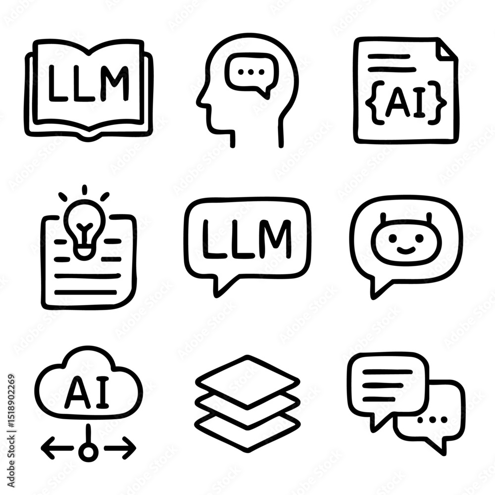 Poster a set of doodle line icons illustrating large language models, artificial intelligence, chatbots, cl