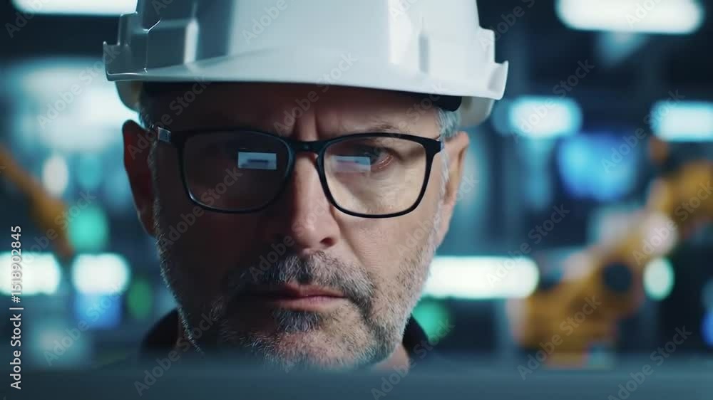 Poster Close up Of An Engineer With Hardhat Inspecting Automated Production System In Factory With Robotic Arm and Blurred Background