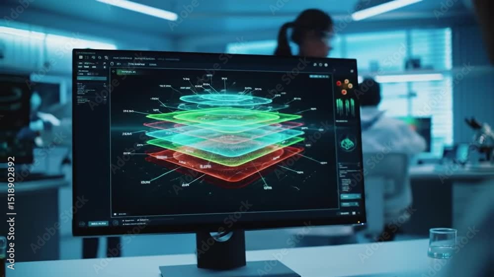 Poster computer screen displaying multi layered graphic in blue lit lab with scientists and equipment backg