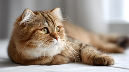 A stunning close-up portrait of a domestic cat lying down in a relaxed position, with beautiful fur and expressive eyes