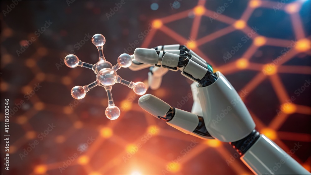 Poster robot hand holding transparent glowing molecule on abstract background