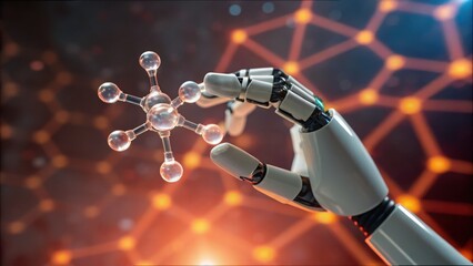 Obraz premium Robot Hand Holding Transparent Glowing Molecule on Abstract Background