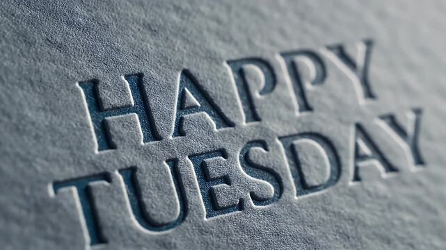 Embossed Text Close Up - Happy Tuesday Concept Slow Motion