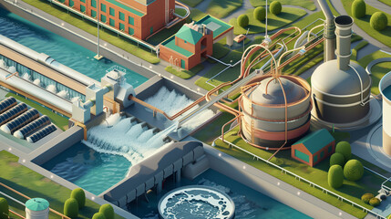 Water treatment plant releasing purified water into river .