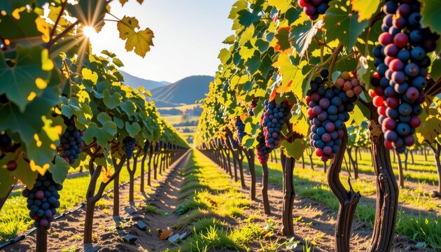 drinks lush vibrant vineyards sunlit grapes clinging trellises picturesque landscape bounty, viniculture, harvest