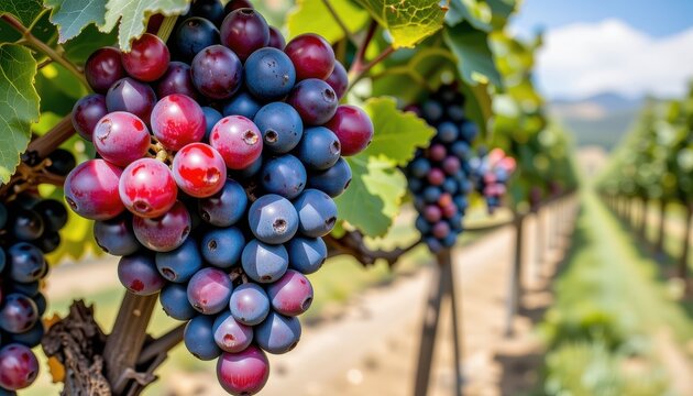 food old vine zinfandel: closeup of red wine grapes in lodi, california vineyard