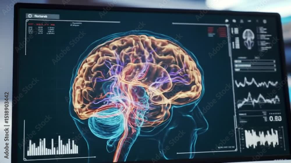 Poster detailed human brain scan on digital display with data visualizations and graphs in a medical settin