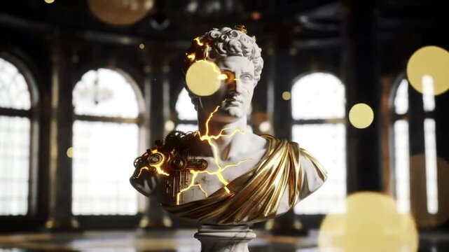  Kintsugi Roman Bust with Golden Repairs in Surreal Opulent Hall with Glowing Orbs