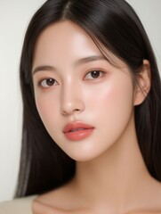 Close-up portrait of beautiful Asian girl with natural makeup and glowing skin