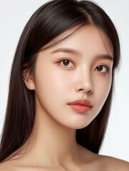 Naklejka premium Close-up portrait of beautiful Asian girl with natural makeup and glowing skin