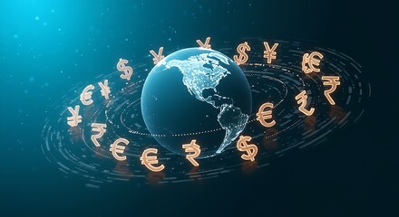 Diverse currency symbols encircling a central globe, all connected by digital lines, signifying worldwide financial connections, international investment, and the fluidity of global markets.