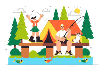 Happy Summer Camping Vector Illustration Featuring a Mountain or Forest Setting for Expedition, Travel, Exploration, and Outdoor Recreation Background