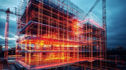 Futuristic construction site with illuminated scaffolding and cranes under a dramatic sky at dusk - Powered by Adobe