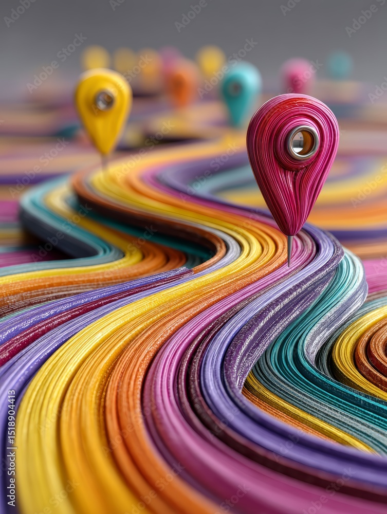 Poster colorful roadmap with swirling paths and map pins guiding the way to adventure