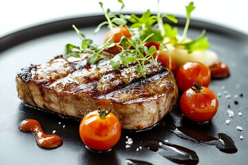 Grilled steak with tomatoes and herbs on a black plate, close-up