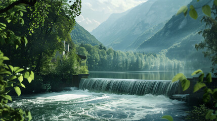 Water treatment plant releasing purified water into river .