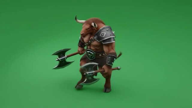 Minotaur Warrior Ready for Battle: Mythical Beast with Axes, Strength, and Fantasy Power. Ideal for Games and Designs, Brown, Green Background, 3D