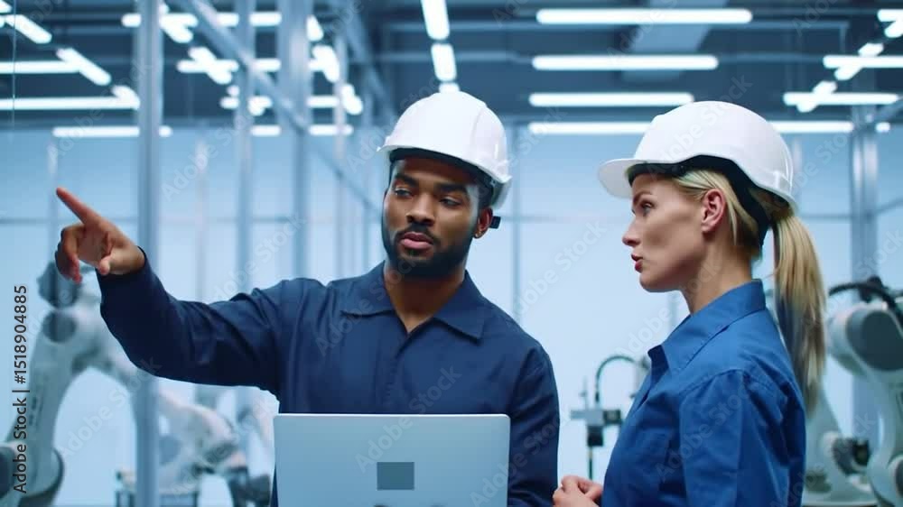 Poster engineers in white hard hats pointing and holding laptop discussing robotics automation technology i