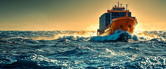 Cargo ship navigating rough seas during sunset. Powerful waves crash against the vessel's bow.  Dramatic ocean scene