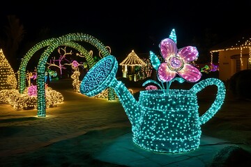 Illuminated watering can and flower light display at night
