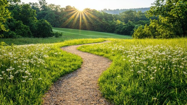 Serene countryside landscape with winding dirt path through lush green meadow illuminated by golden sunrise over distant forest and rolling hills peaceful outdoor setting