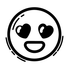 Outline style drawing of a circular emoji with heart-shaped eyes and a wide smile, conveying an intense feeling of love or adoration. Can be used to represent love, adoration, strong affection