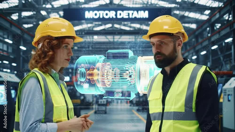 Poster engineers in yellow hardhats discussing holographic motor detail in modern factory setting with adva