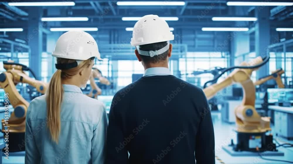 Poster engineers in white helmets overseeing factory operations with robotic arms in background