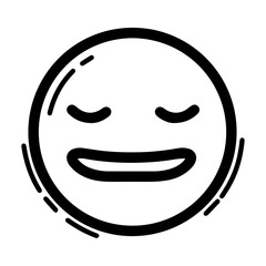Outline style drawing of a circular emoji expressing satisfaction or contentment, with closed, upwardly curved eyes and a broad, open smile. Can be used to convey happiness, satisfaction, pleasure