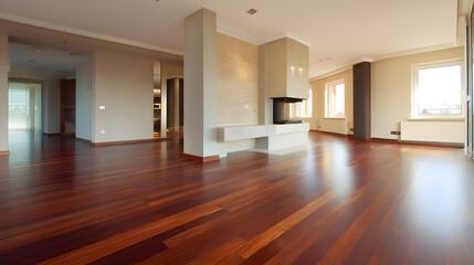 Obraz premium Modern living room with wooden floors and neutral walls, showcasing minimalist design and open space.