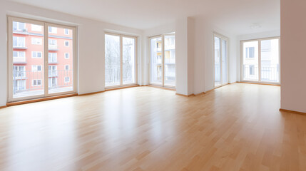 Fototapeta premium Modern living room with wooden floors and neutral walls, showcasing minimalist design and open space.