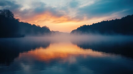 Misty River Sunset: A Serene Landscape