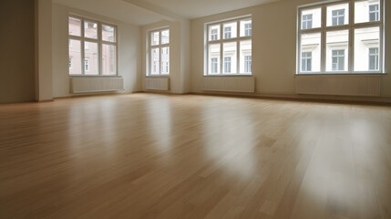 Obraz premium Modern living room with wooden floors and neutral walls, showcasing minimalist design and open space.