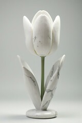 Elegant White Marble Tulip Sculpture with Veined Stem on Grey Background